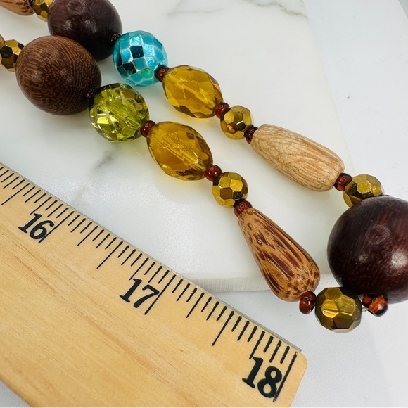 Vintage Joan Rivers Long Beaded Necklace Wood Crystal Beads Green Metallic Blue - Picture 7 of 11